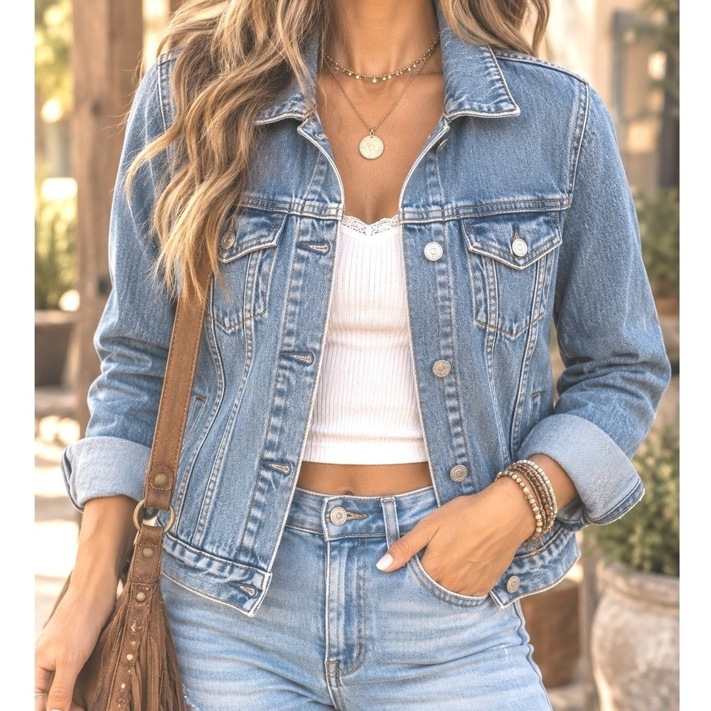 Abercrombie & Fitch Womens Blue Denim Trucker Jacket Size S Medium Wash Stretch